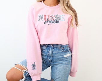 Custom Nurse Sweatshirt, Personalized Nurse Shirt, Custom Shirt Sleeve, Nursing School Tee, Pastel Nurse Sweatshirt, Registered Nurse Shirt