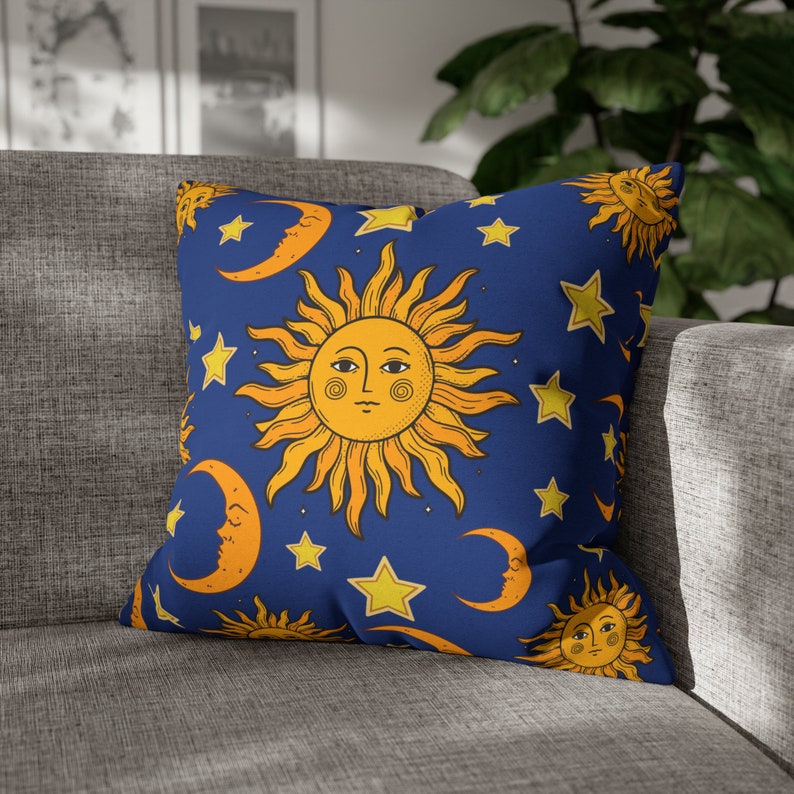 Sun pillow cover, celestial 90's pillow cover, celestial bedding pillow cover,mystical cosmic pillow, sun moon stars home decor, moon pillow bild 3