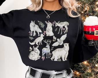 Winter forest wildlife animal cottagecore sweatshirt gift for her, woodland sweater, Christmas forest shirt, forestcore deer animal shirt