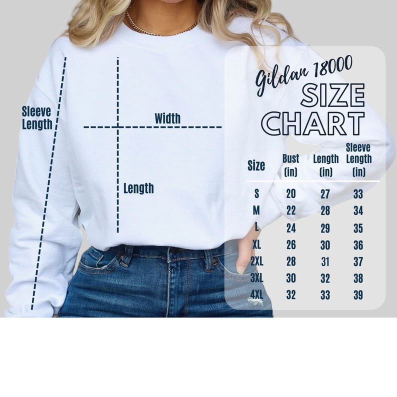 Może przedstawiać: Biała bluza z grafiką tabeli rozmiar&oacute;w. Tabela, oznaczona jako "Gildan 18000 SIZE CHART", zawiera wymiary biustu, długości i długości rękawa w calach dla rozmiar&oacute;w od S do 4XL. Bluza jest pokazana na osobie noszącej niebieskie dżinsy.