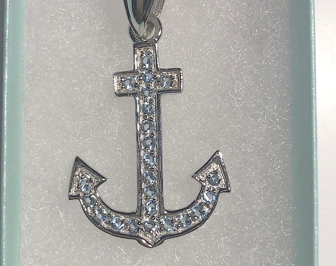 Sterling Silver Anchor Pendant with Aqua Crystal Stones - nautical jewelry