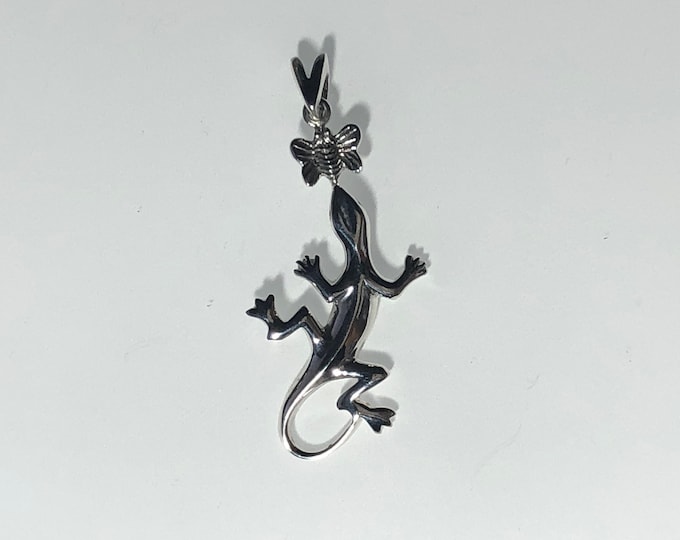 Sterling Silver Gecko with Butterfly Pendant, Lizard, Salamander - nature life jewelry.