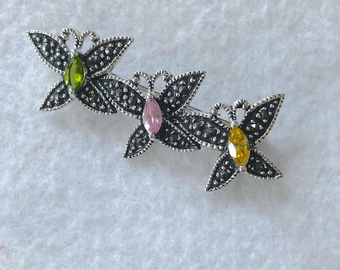 Vintage Sterling Silver Butterfly Pin/ Brooch with Marcasite and stones ,  nature life, insect jewelry.