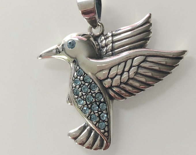 Sterling Silver Hummingbird with faceted aqua crystals stones Necklace / Pendant, Sealife, Marine life.