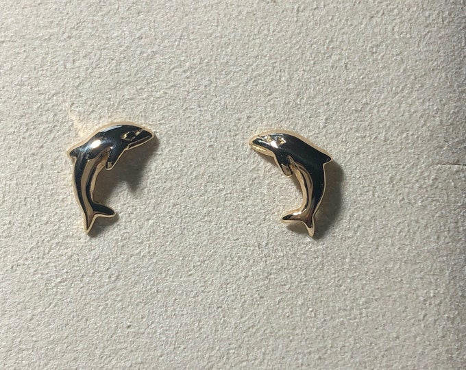 14K Yellow Gold Dolphin Earrings - Real gold - Marine- Sealife jewelry