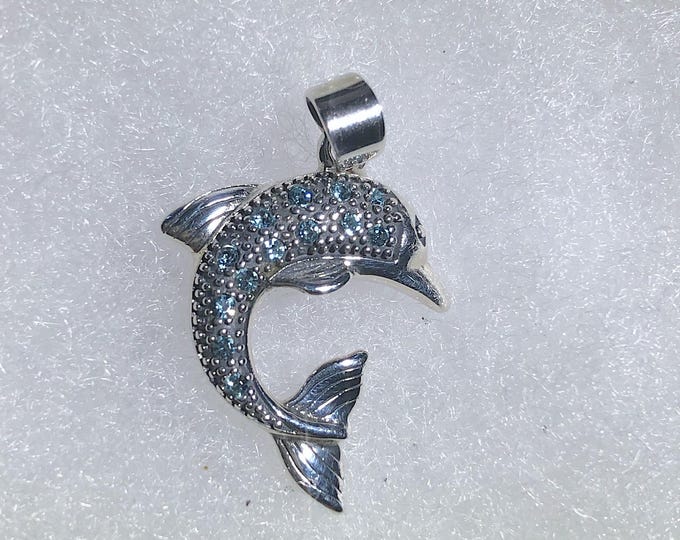 Sterling Silver Dolphin Pendant with Aqua Crystals, Sealife, Beach, Summer Jewelry
