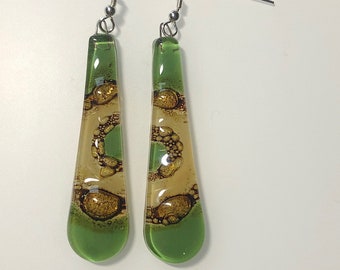 Fused Glass Long  Earrings, with Silver wires.  Unique, Handmade earrings.