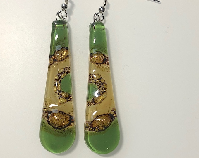 Fused Glass Long  Earrings, with Silver wires.  Unique, Handmade earrings.