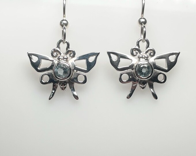 Sterling Silver Openwork Butterfly w/Faceted Blue Stone Wire Earrings