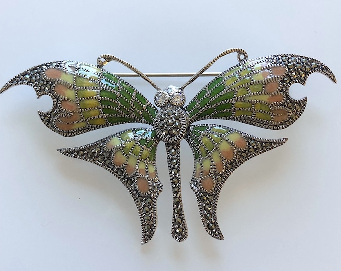 Sterling Silver Marcasite Butterfly Brooch: Enameled Wings, Crystal Eyes