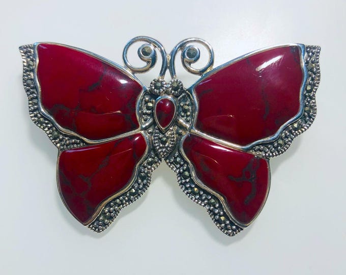 Sterling Silver,  Butterfly with Marcasite, Black and Red Agate Pin /Brooch. Nature life jewelry