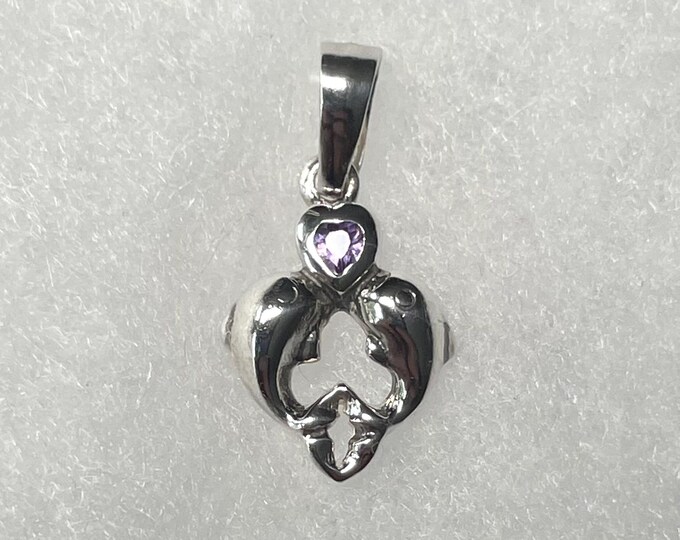 Sterling Silver Double Dolphin Pendant w/Heart Shaped Amethyst Stone - Sealife jewelry