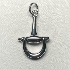 Könnte beinhalten: Ein silberfarbener Anhänger in Form eines Pferdezahns. Der Anhänger hat ein D-Ring-Design und eine kleine Schlaufe oben für eine Kette. Der Anhänger ist ein klassisches Reitzubehör.