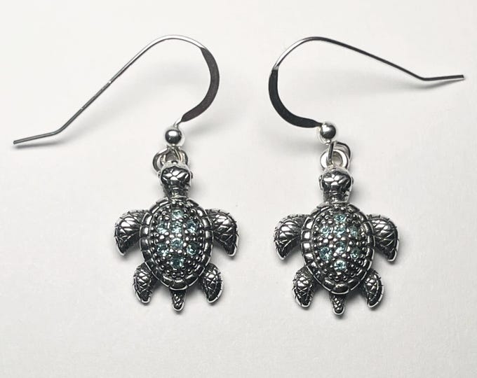 Sterling Silver Turtle w/Aqua Crystals Earrings - marine, nature, sealife jewelry