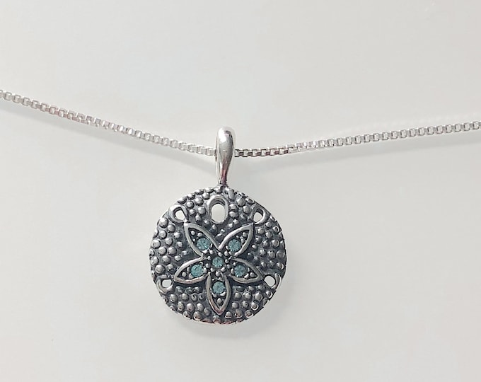 Sterling Silver Sand Dollar with faceted aqua crystals stones Necklace / Pendant, Sealife, Marine life.