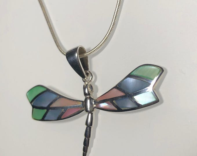 Sterling Silver Dragonfly with Inlaid Multi color Shell Pendant / Necklace, Insect,  Nature life Jewelry