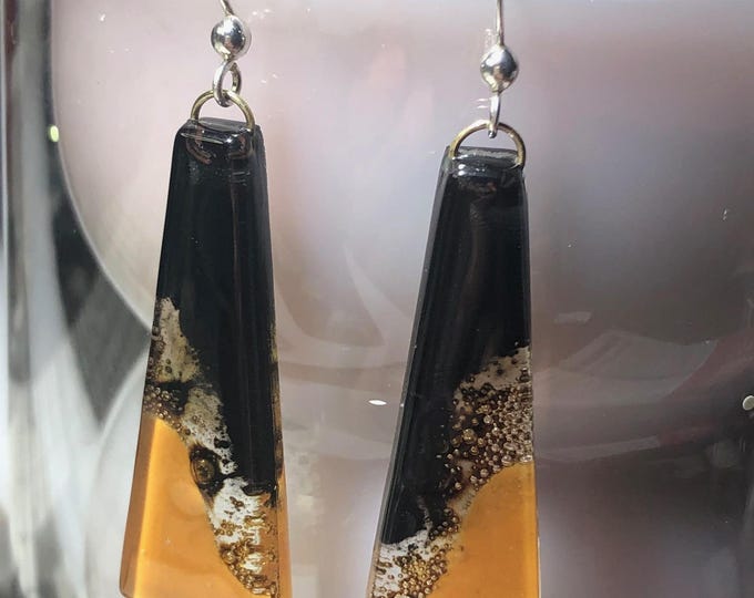 Fused Glass Long  Earrings, with Silver wires.  Unique, Handmade earrings.