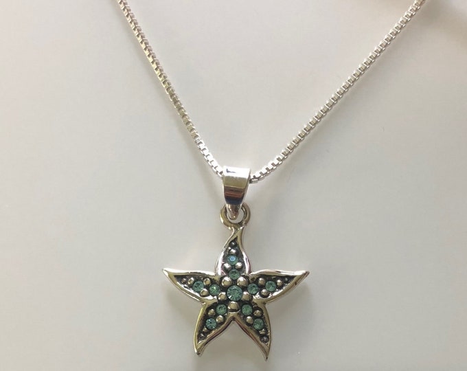Sterling Silver Starfish  Necklace / Pendant with Aqua Crystal Stones - Sealife, marine jewelry