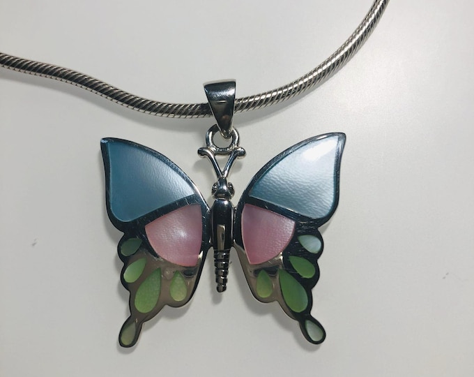 Sterling Silver  Butterfly with Inlaid Multi color Shell Pendant/necklace , Wildlife jewelry, Insects earrings
