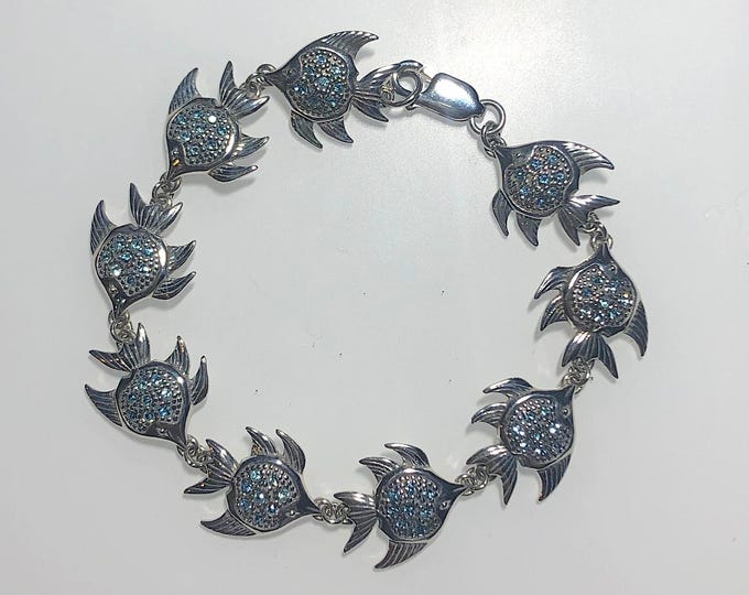 Sterling Silver 7.75" Angelfish Bracelet with Faceted Aqua Crystal Stones