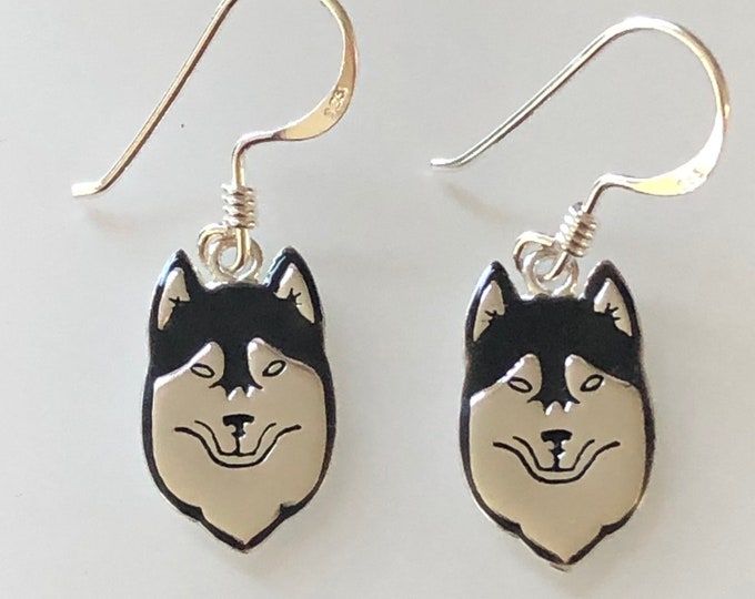 Sterling Silver Husky Earrings with Black Enamel, Dogs jewelry