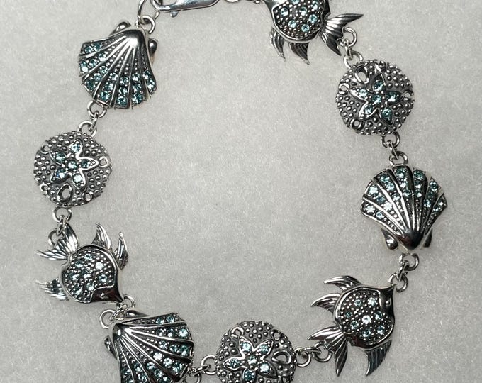 Sterling Silver 8" Sand Dollar, Angelfish, and Scallop Shell Bracelet with Aqua Crystal Stones