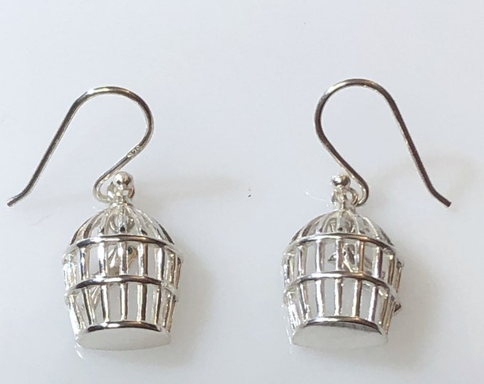 Bird in Cage Earrings, Sterling Silver, nature life, birds jewelry.