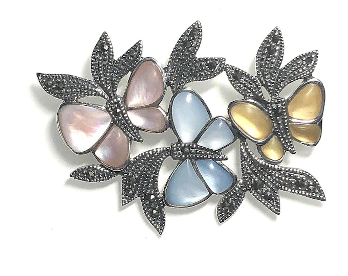 Sterling Silver Butterfly Pin/ Brooch with Marcasite and inlaid shell,  nature life, insect jewelry.