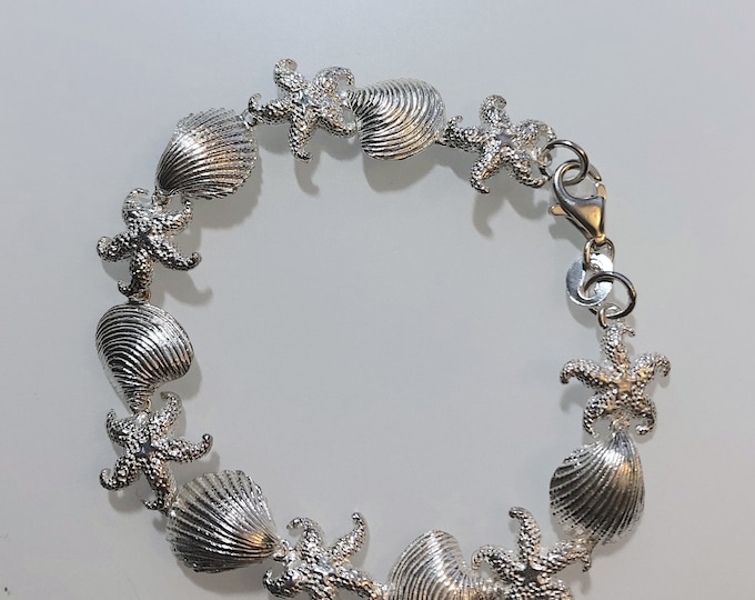 Sterling Silver 7.5" Bracelet-  Starfish, Scallop, Clam Shell