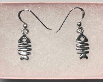 Sterling Silver Skeleton Fish Wire Earrings -  sea life, nature jewelry