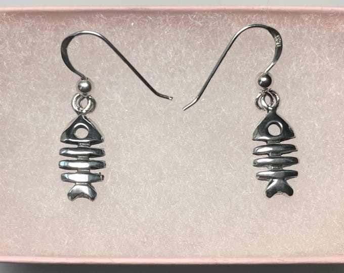 Sterling Silver Skeleton Fish Wire Earrings -  sea life, nature jewelry