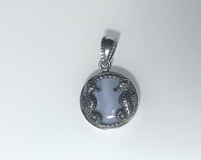 Sterling Silver Double Seahorses Pendant with Blue Lace Agate -Marine Life - Sealife Jewelry