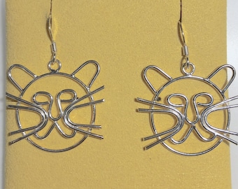 Sterling Silver Openwork Wire Cat Face Earrings - Cat lovers, pets jewelry