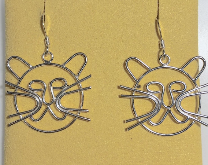 Sterling Silver Openwork Wire Cat Face Earrings - Cat lovers, pets jewelry
