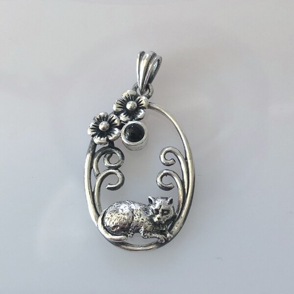 Vintage Sterling Silver Cat with onyx, animal, pet jewelry.