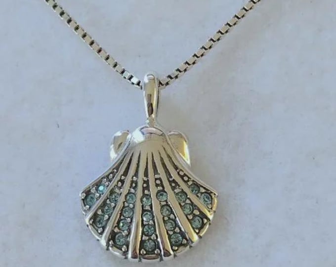 Sterling Silver Scallop Shell Pendant with aqua crystal stones.  Necklace / Pendant, Sealife, Marine life.