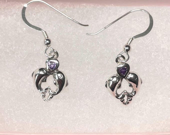 Sterling Silver Double Dolphin w/Heart Shaped Amethyst Stone Wire Earrings