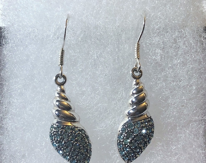 Sterling Silver Conch Shell Earrings with Aqua Crystal Stones, Sealife Jewelry, Marine, Beach jewelry