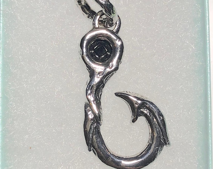 Sterling Silver Hawaiian Fish Hook Pendant with black crystal  - sailing, fishing jewelry