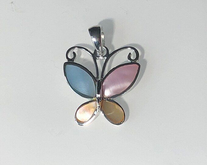 Sterling Silver Modern Butterfly Pendant with Mixed Color Shell Wings , Wildlife jewelry, Insects earrings