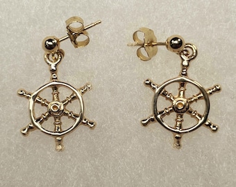 Gold Ship's Wheel Ball Post  Earrings - sailing, nautical jewelry