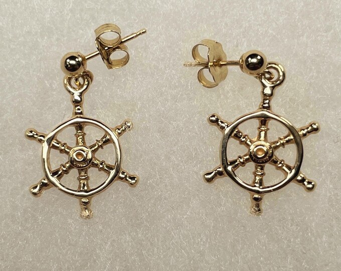 Gold Ship's Wheel Ball Post  Earrings - sailing, nautical jewelry