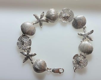 Sterling Silver 8.25"  Bracelet-  Starfish, Scallop, Clam Shell, Sandollar,