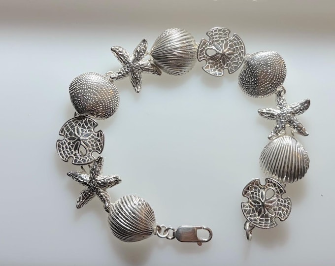 Sterling Silver 8.25"  Bracelet-  Starfish, Scallop, Clam Shell, Sandollar,