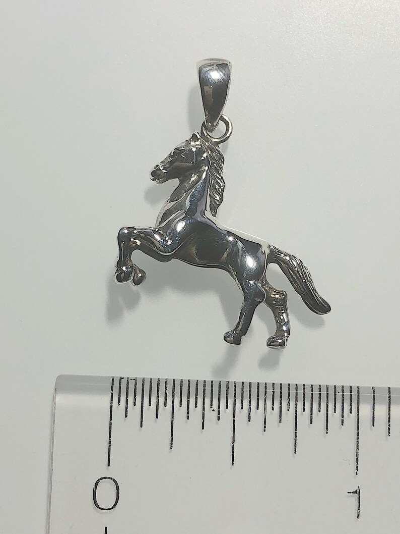 May include: Silver horse pendant charm. The horse is standing on its hind legs with its head turned to the side. The pendant is about 1 inch tall.