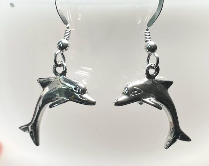Sterling Silver 3D Dolphin Wire Earrings - Marine, sealife jewelry