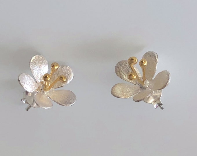 Sterling Silver Flower Earrings: Gold Plated Stamen, Nature Jewelry