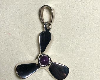 Sterling Silver Boat Propeller w/ purple crystal - nautical jewelry