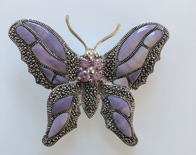 Sterling Silver,  Butterfly PIN/PENDANT with Marcasite, Purple Shell Wings and Purple Crystals.