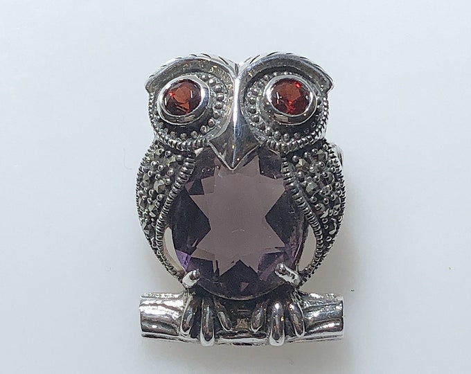 Sterling Silver Marcasite Owl Brooch with Amethyst and Red Crystal Eyes